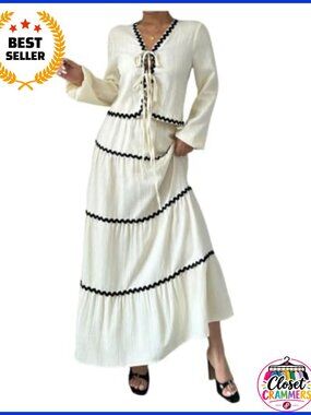 Two Piece Skirt Set Tie Front Crop Top Tiered A Line Maxi Skirt